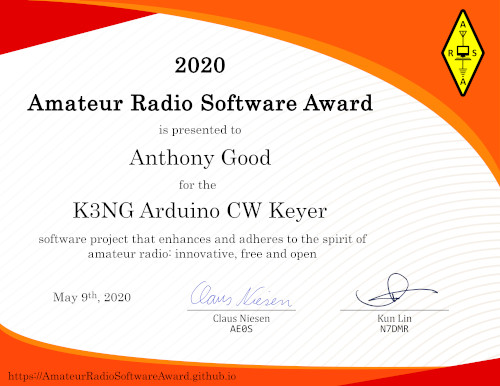Certificate of the 2020 Amateur Radio Software Award - Anthony Good - K3NG Arduino CW Keyer
